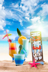 Three Fresh tropical cocktails on beautiful beach