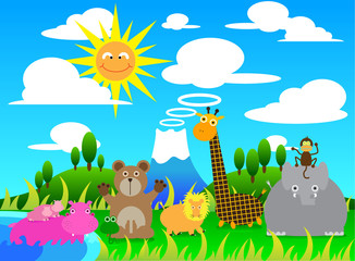 Illustration cartoon of Scene with Wild Animals Group