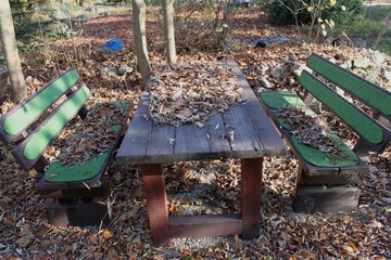 verlassene Gartenmöbel im Herbst