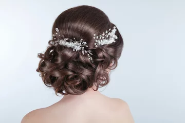 Aluminium Prints Hairdressers Beauty wedding hairstyle. Bride. Brunette girl with curly hair s