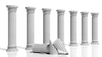 Ancient marble pillars in a row isolated on white