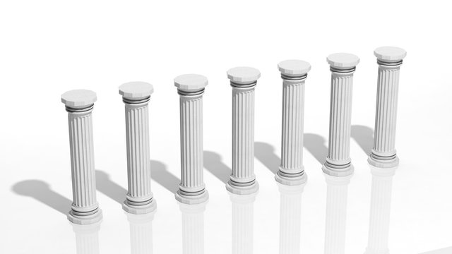 Ancient marble pillars in a row isolated on white