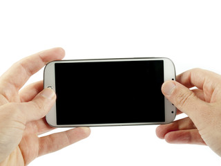 Hand holding a modern white smartphone