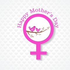 Mothers day greeting with birds on branch ans female symbol