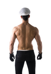 Fototapeta na wymiar Muscular shirtless male sailor with nautical hat