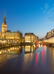 The townhall and the Alsterfleet in Hamburg at night