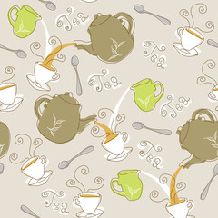 Seamless tea pattern teapots, cups and spoons