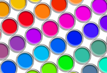 Paint cans color palette, cans opened top view isolated on white