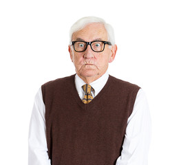 Portrait angry older man displeased isolated on white background