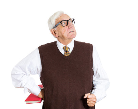 Angry older man teacher looking up isolated on white background 