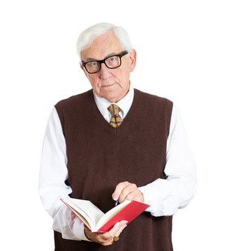 Portrait old senior teacher holding a book isolated on white 