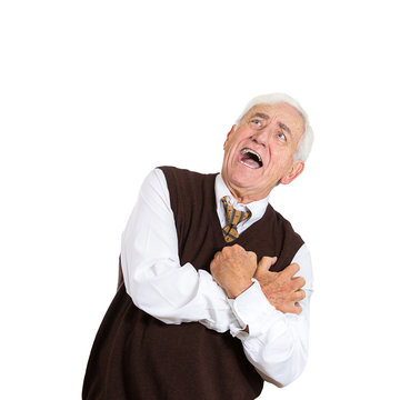 suffocated old man with acute chest pain on white background 