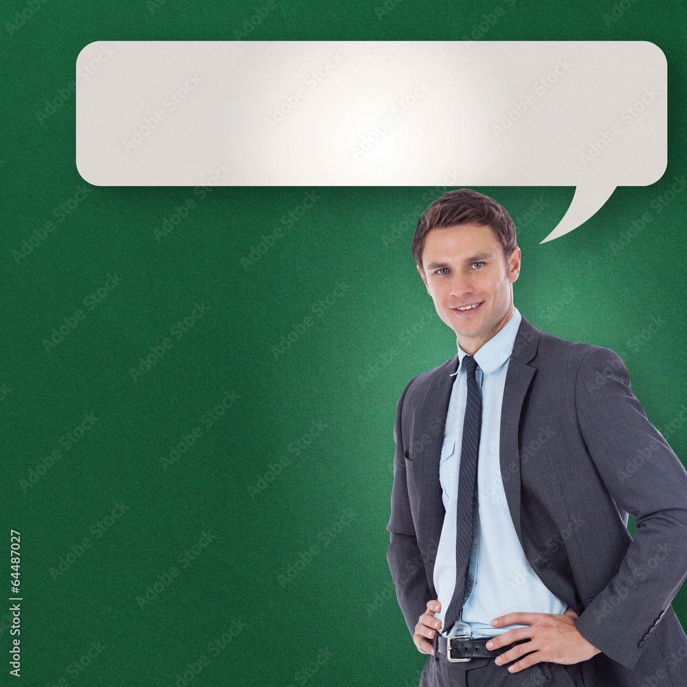 Poster composite image of smiling businessman with hands on hips
