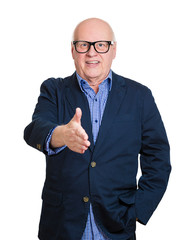 Senior, elderly business man giving shake hand, smiling