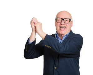 Excited old man, celebrating success, on white background 