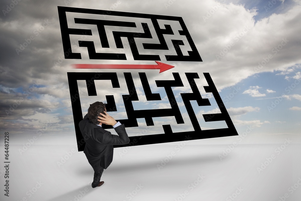 Poster composite image of stressed businessman with hands on head