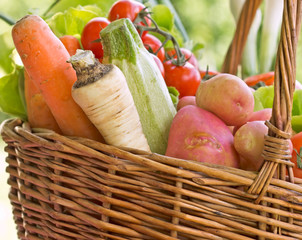 Wicker basket is full with fresh organic vegetables