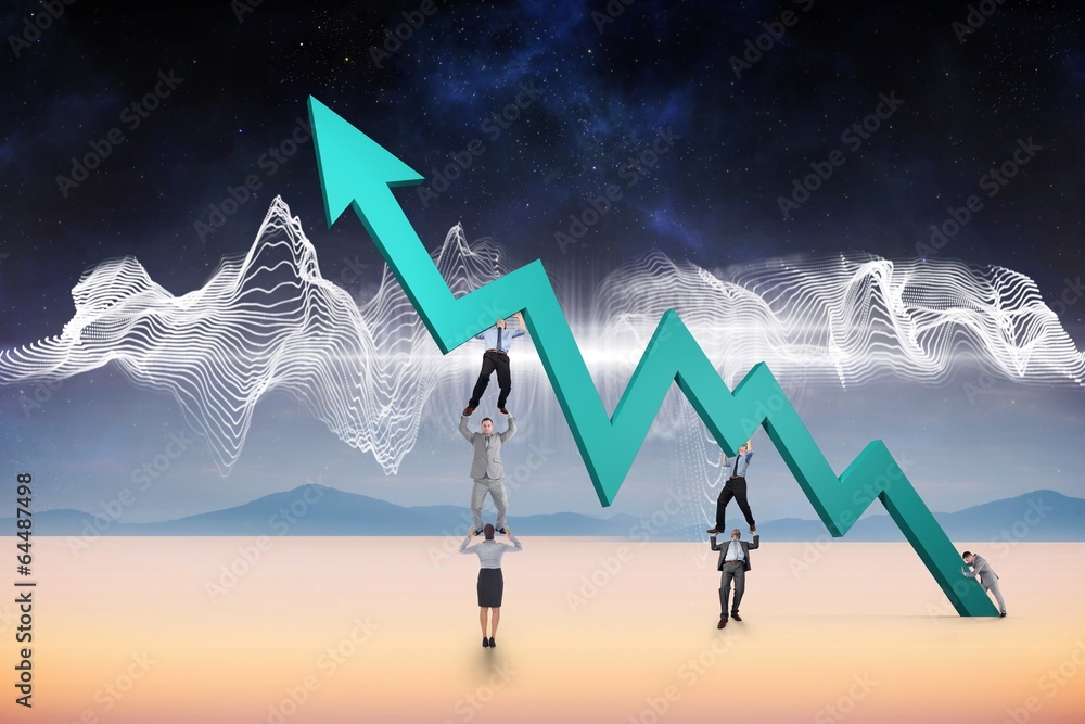 Poster composite image of business team holding up arrow