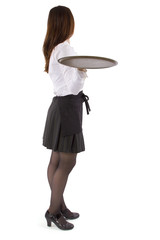 young female waitress holding blank tray for composites