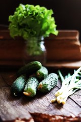 cucumbers garden radish lettuce wooden table