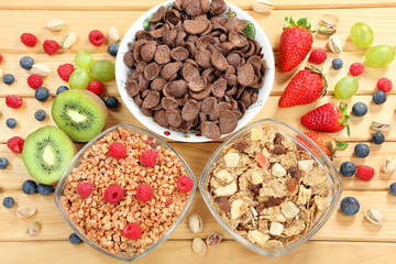 Healthy whole grain chocolate muesli and bran breakfast with fru