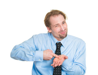 Guilty. Man feels sorry for mistake he made, on white background