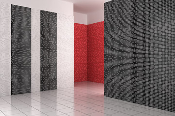 empty modern bathroom with black, white and red tiles