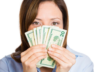 Woman excited about her earnings, holding cash, dollar bills