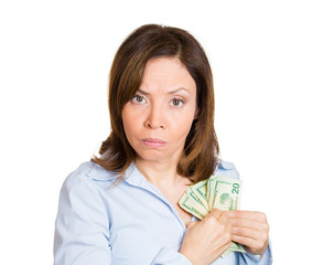 Greedy woman possessive about her money, cash