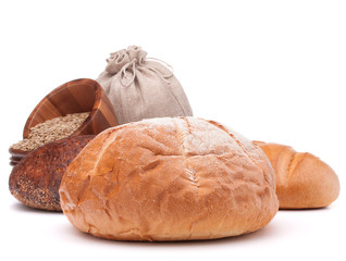 Bread, flour sack and grain isolated on white background cutout