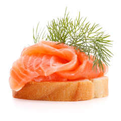 sandwich or canape with salmon on white background  cutout