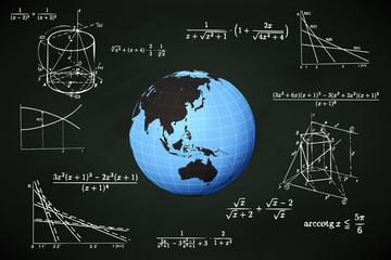 Asia world globe on blackboard with math calculations vector