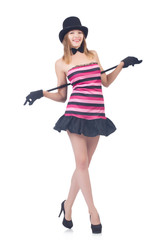 Young pretty woman dancing with walking stick isolated on white