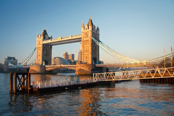 Tower Bridge and one of the stops of London river boat services.