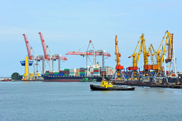 Container stack and ship under crane bridge