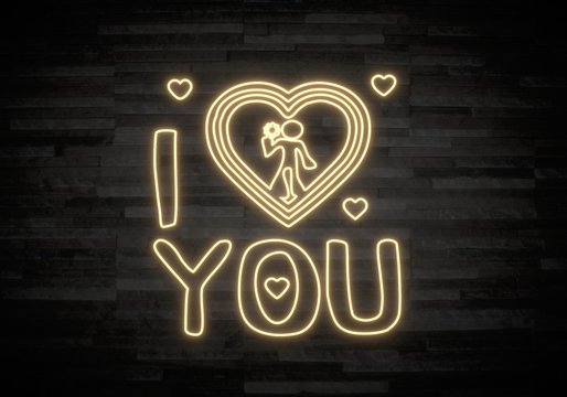 3d render of a neon I love you label on classy stone wall