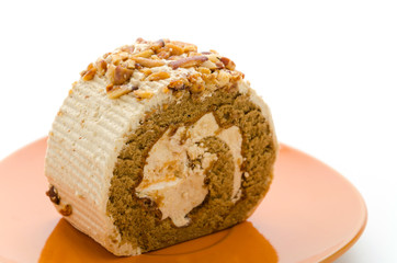 Roll coffee cake isolated on white background