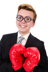 Young businessman boxer isolated on white