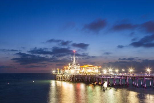 Santa Monica Pier after sunset, California, USA