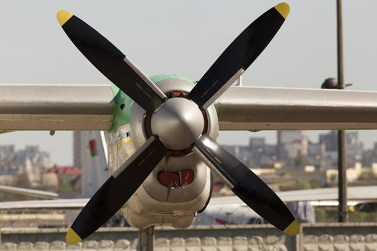 Front view aircraft turboprop engine with propeller, close-up