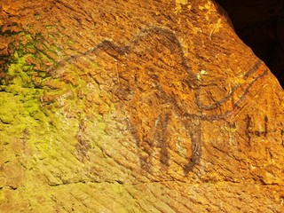 Abstract  children art in cave. Black carbon paint of mammoth