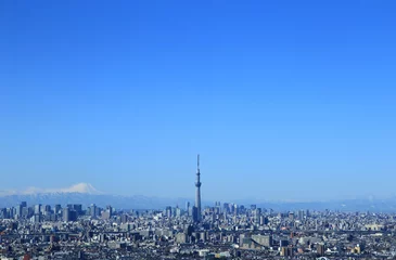 Fototapete Landschaft des zentralen Tokyo Mt. Fuji, Sky Tree und blauer Himmel © takadahirohito