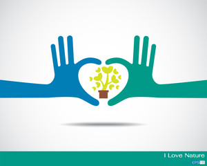 Tree inside heart made up of human hands Hands