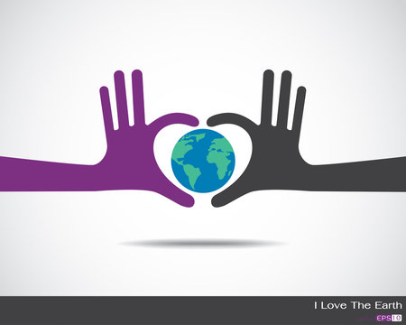 The earth inside heart made up of human hands Hands