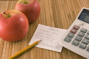 nutrition information, an apple and a calculator