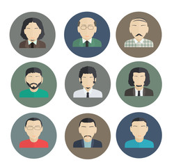Male Faces, icons of characters in a flat style.