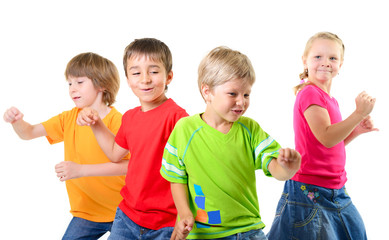 happy children dancing on a white background, healthy life, kid'