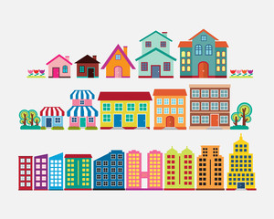 Colorful house and building collection set, flat design vector