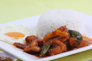Stir fried seafood with chili paste and steam rice,fire egg