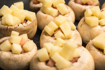 Fresh Champignon Mushrooms With Ham And Hard Cheese